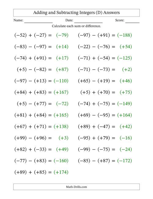The Adding and Subtracting Mixed Integers from -99 to 99 (25 Questions; Large Print; All Parentheses) (D) Math Worksheet Page 2