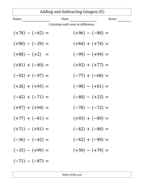 The Adding and Subtracting Mixed Integers from -99 to 99 (25 Questions; Large Print; All Parentheses) (E) Math Worksheet