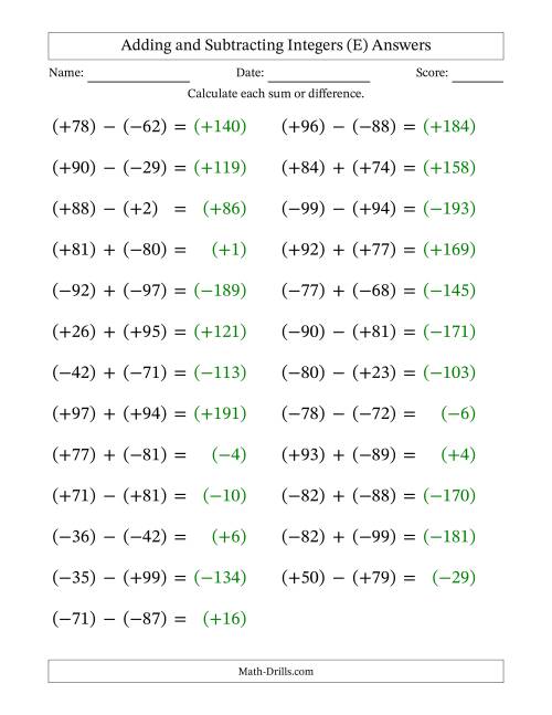 The Adding and Subtracting Mixed Integers from -99 to 99 (25 Questions; Large Print; All Parentheses) (E) Math Worksheet Page 2