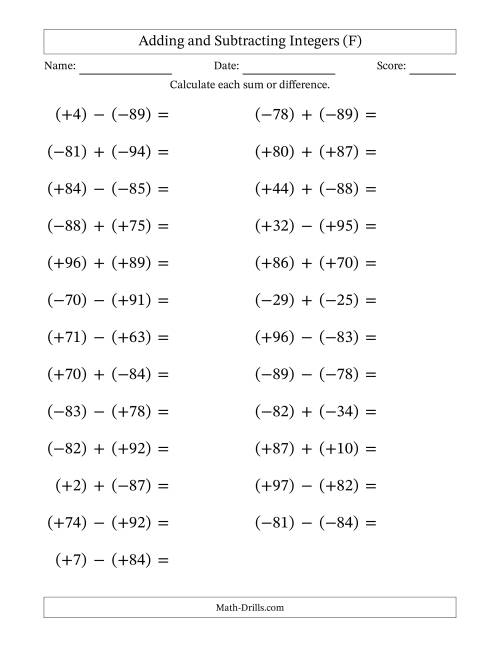 The Adding and Subtracting Mixed Integers from -99 to 99 (25 Questions; Large Print; All Parentheses) (F) Math Worksheet