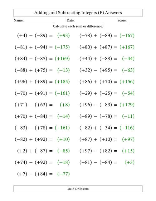 The Adding and Subtracting Mixed Integers from -99 to 99 (25 Questions; Large Print; All Parentheses) (F) Math Worksheet Page 2