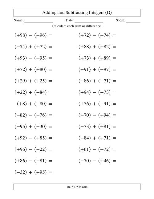 The Adding and Subtracting Mixed Integers from -99 to 99 (25 Questions; Large Print; All Parentheses) (G) Math Worksheet