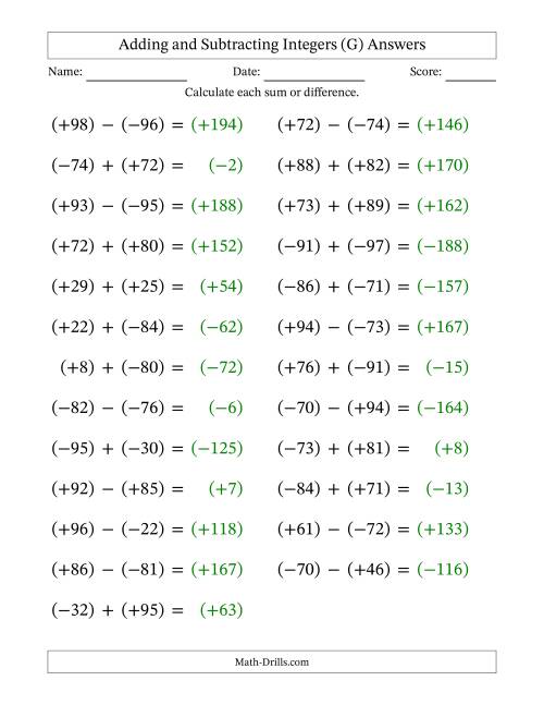 The Adding and Subtracting Mixed Integers from -99 to 99 (25 Questions; Large Print; All Parentheses) (G) Math Worksheet Page 2