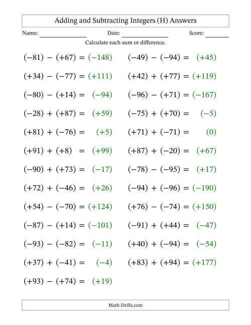 The Adding and Subtracting Mixed Integers from -99 to 99 (25 Questions; Large Print; All Parentheses) (H) Math Worksheet Page 2
