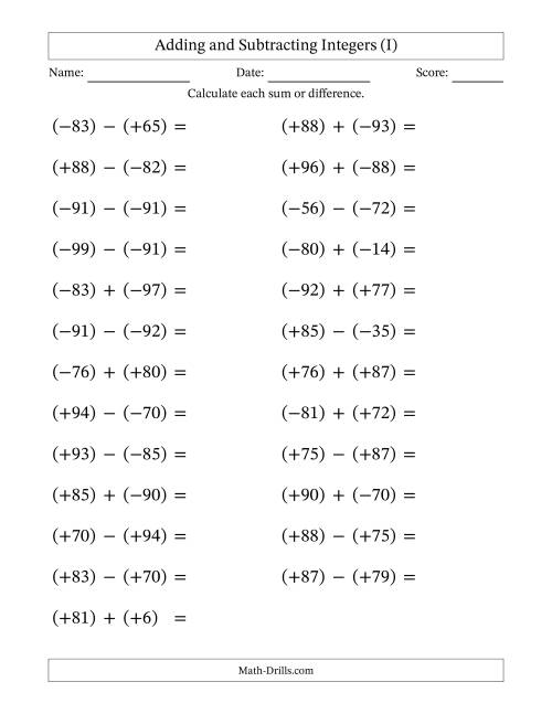 The Adding and Subtracting Mixed Integers from -99 to 99 (25 Questions; Large Print; All Parentheses) (I) Math Worksheet