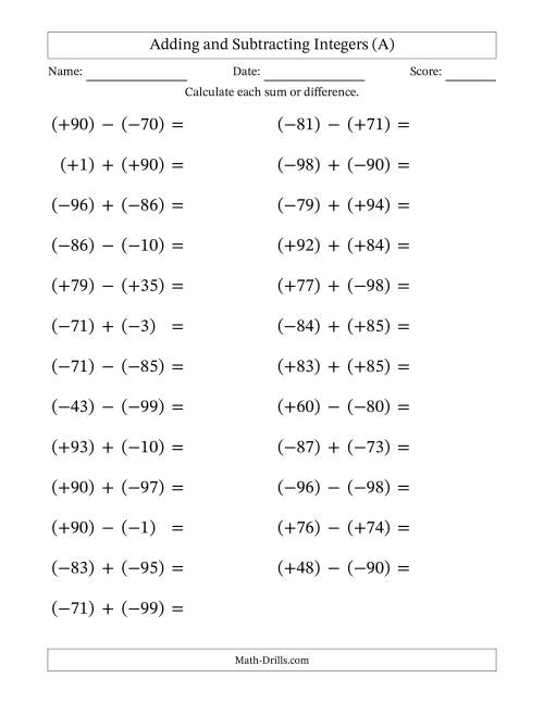 The Adding and Subtracting Mixed Integers from -99 to 99 (25 Questions; Large Print; All Parentheses) (All) Math Worksheet