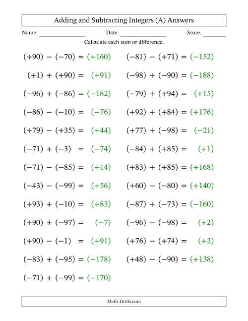 The Adding and Subtracting Mixed Integers from -99 to 99 (25 Questions; Large Print; All Parentheses) (All) Math Worksheet Page 2