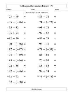 Adding and Subtracting Mixed Integers from -99 to 99 (25 Questions; Large Print)