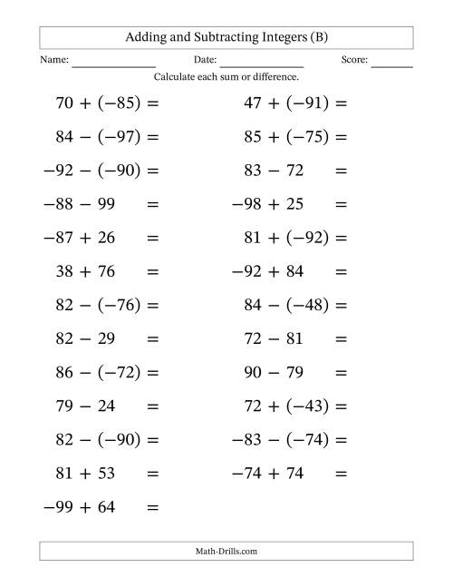 The Adding and Subtracting Mixed Integers from -99 to 99 (25 Questions; Large Print) (B) Math Worksheet