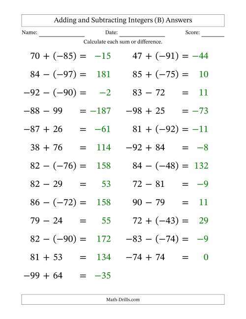 The Adding and Subtracting Mixed Integers from -99 to 99 (25 Questions; Large Print) (B) Math Worksheet Page 2