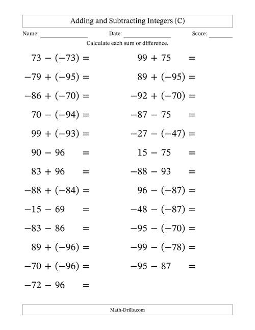 The Adding and Subtracting Mixed Integers from -99 to 99 (25 Questions; Large Print) (C) Math Worksheet