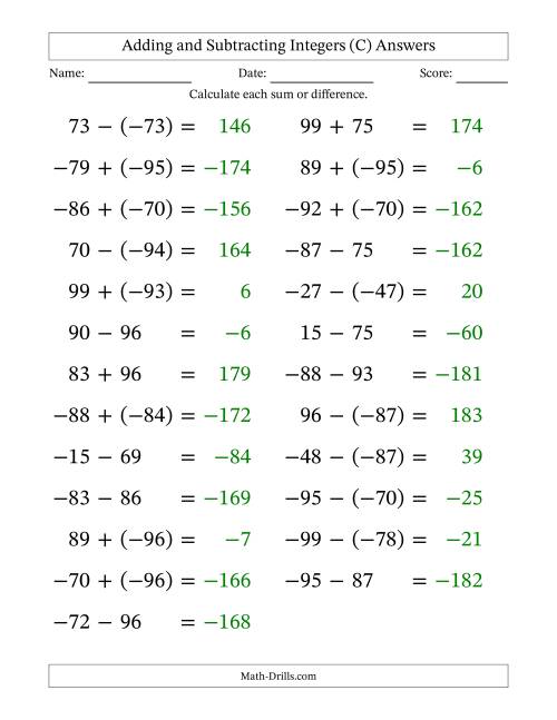 The Adding and Subtracting Mixed Integers from -99 to 99 (25 Questions; Large Print) (C) Math Worksheet Page 2