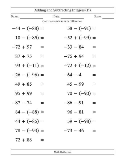 The Adding and Subtracting Mixed Integers from -99 to 99 (25 Questions; Large Print) (D) Math Worksheet