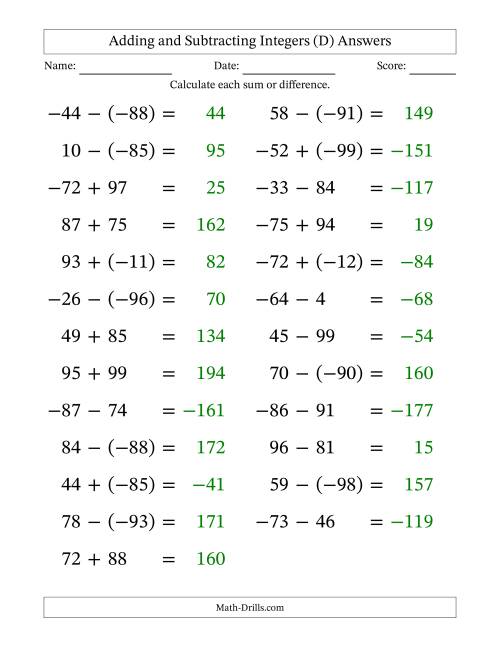 The Adding and Subtracting Mixed Integers from -99 to 99 (25 Questions; Large Print) (D) Math Worksheet Page 2