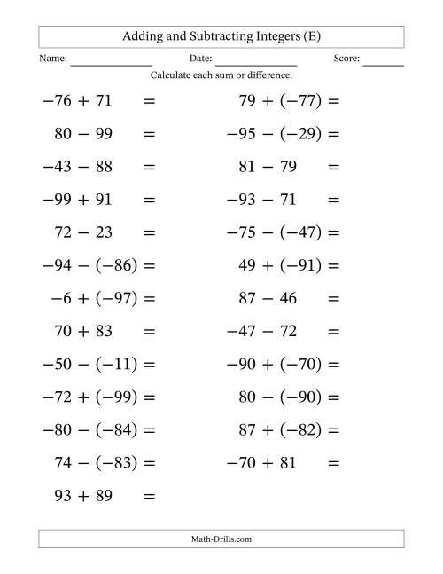 The Adding and Subtracting Mixed Integers from -99 to 99 (25 Questions; Large Print) (E) Math Worksheet