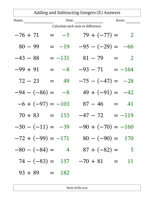 The Adding and Subtracting Mixed Integers from -99 to 99 (25 Questions; Large Print) (E) Math Worksheet Page 2