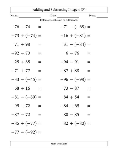 The Adding and Subtracting Mixed Integers from -99 to 99 (25 Questions; Large Print) (F) Math Worksheet