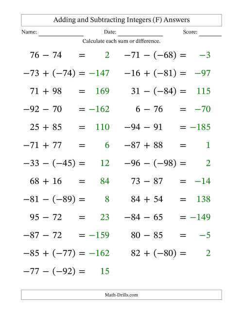 The Adding and Subtracting Mixed Integers from -99 to 99 (25 Questions; Large Print) (F) Math Worksheet Page 2