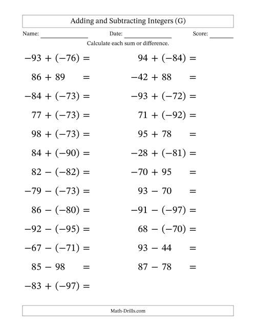 The Adding and Subtracting Mixed Integers from -99 to 99 (25 Questions; Large Print) (G) Math Worksheet