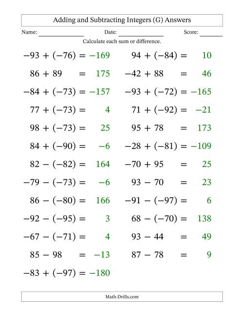The Adding and Subtracting Mixed Integers from -99 to 99 (25 Questions; Large Print) (G) Math Worksheet Page 2