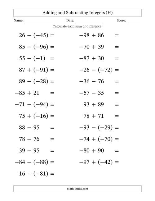 The Adding and Subtracting Mixed Integers from -99 to 99 (25 Questions; Large Print) (H) Math Worksheet