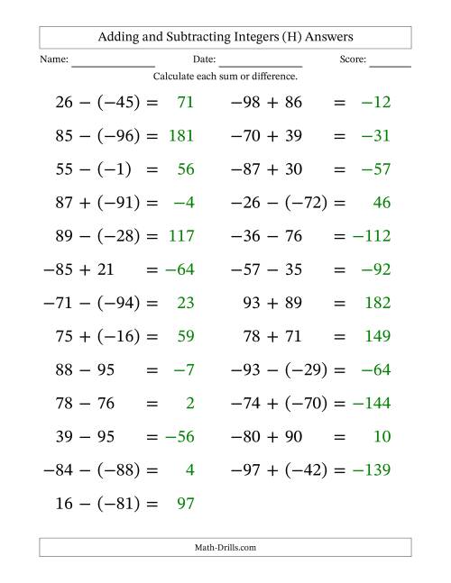 The Adding and Subtracting Mixed Integers from -99 to 99 (25 Questions; Large Print) (H) Math Worksheet Page 2