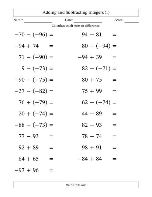 The Adding and Subtracting Mixed Integers from -99 to 99 (25 Questions; Large Print) (I) Math Worksheet