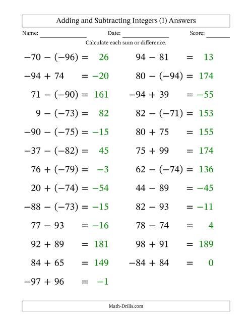 The Adding and Subtracting Mixed Integers from -99 to 99 (25 Questions; Large Print) (I) Math Worksheet Page 2