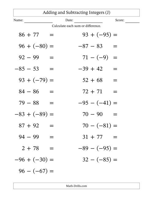 The Adding and Subtracting Mixed Integers from -99 to 99 (25 Questions; Large Print) (J) Math Worksheet