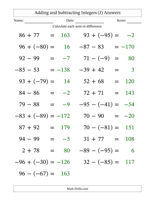 The Adding and Subtracting Mixed Integers from -99 to 99 (25 Questions; Large Print) (J) Math Worksheet Page 2