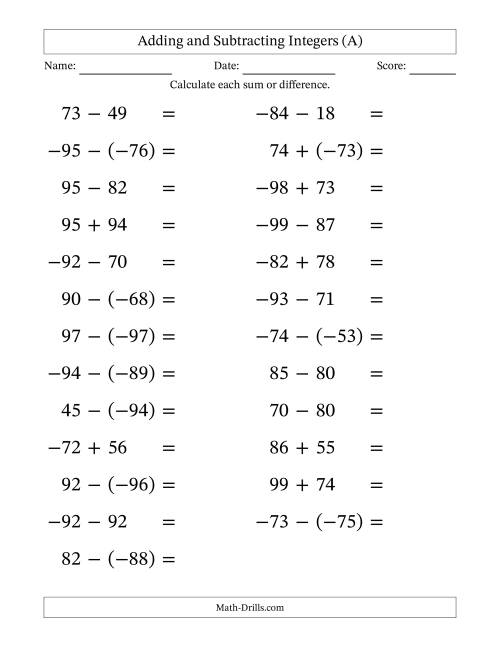 The Adding and Subtracting Mixed Integers from -99 to 99 (25 Questions; Large Print) (All) Math Worksheet