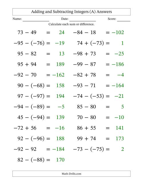 The Adding and Subtracting Mixed Integers from -99 to 99 (25 Questions; Large Print) (All) Math Worksheet Page 2