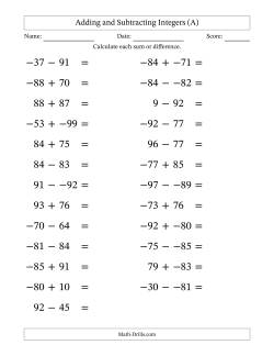 Adding and Subtracting Mixed Integers from -99 to 99 (25 Questions; Large Print; No Parentheses)
