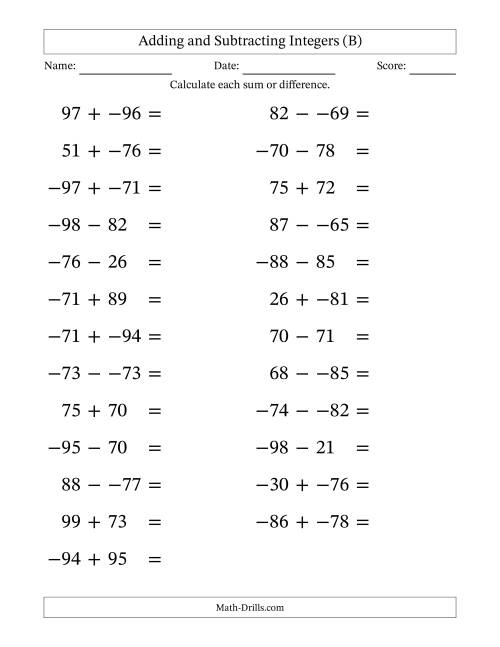 The Adding and Subtracting Mixed Integers from -99 to 99 (25 Questions; Large Print; No Parentheses) (B) Math Worksheet