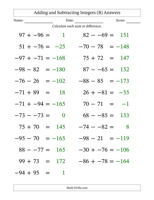 The Adding and Subtracting Mixed Integers from -99 to 99 (25 Questions; Large Print; No Parentheses) (B) Math Worksheet Page 2
