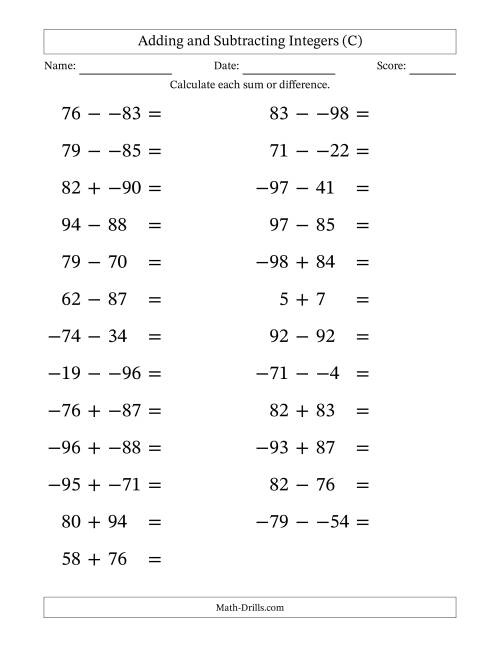 The Adding and Subtracting Mixed Integers from -99 to 99 (25 Questions; Large Print; No Parentheses) (C) Math Worksheet