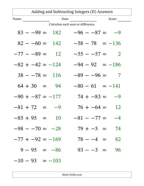 The Adding and Subtracting Mixed Integers from -99 to 99 (25 Questions; Large Print; No Parentheses) (D) Math Worksheet Page 2