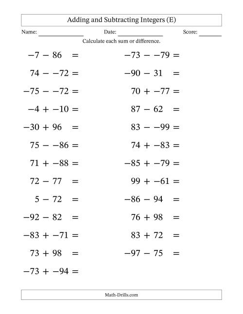 The Adding and Subtracting Mixed Integers from -99 to 99 (25 Questions; Large Print; No Parentheses) (E) Math Worksheet