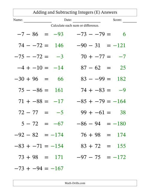 The Adding and Subtracting Mixed Integers from -99 to 99 (25 Questions; Large Print; No Parentheses) (E) Math Worksheet Page 2