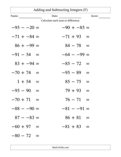 The Adding and Subtracting Mixed Integers from -99 to 99 (25 Questions; Large Print; No Parentheses) (F) Math Worksheet