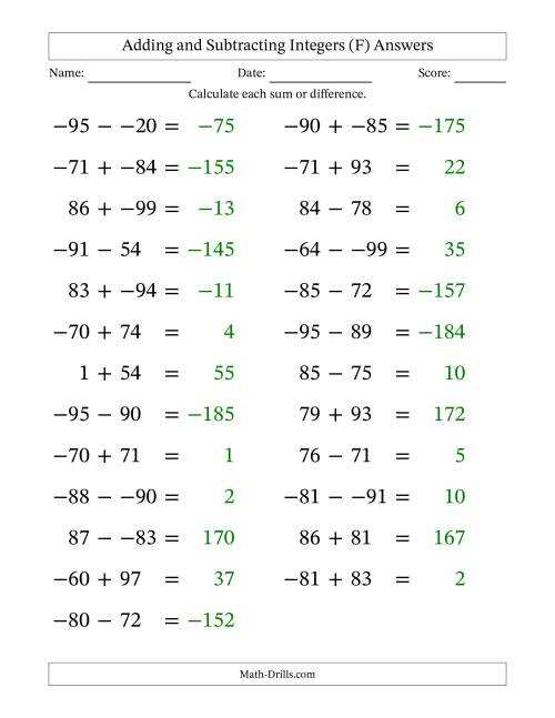 The Adding and Subtracting Mixed Integers from -99 to 99 (25 Questions; Large Print; No Parentheses) (F) Math Worksheet Page 2