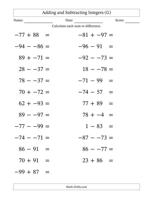 The Adding and Subtracting Mixed Integers from -99 to 99 (25 Questions; Large Print; No Parentheses) (G) Math Worksheet