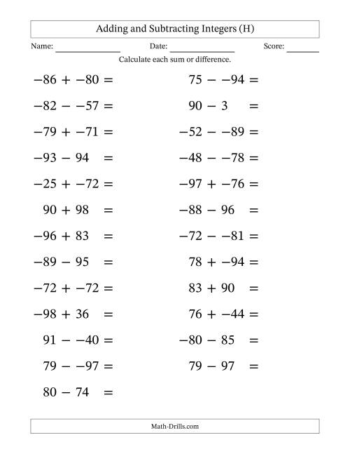 The Adding and Subtracting Mixed Integers from -99 to 99 (25 Questions; Large Print; No Parentheses) (H) Math Worksheet