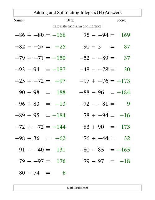 The Adding and Subtracting Mixed Integers from -99 to 99 (25 Questions; Large Print; No Parentheses) (H) Math Worksheet Page 2
