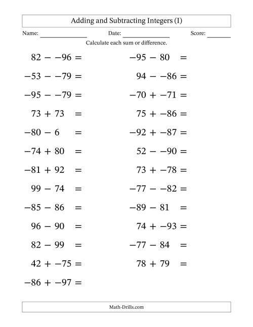The Adding and Subtracting Mixed Integers from -99 to 99 (25 Questions; Large Print; No Parentheses) (I) Math Worksheet