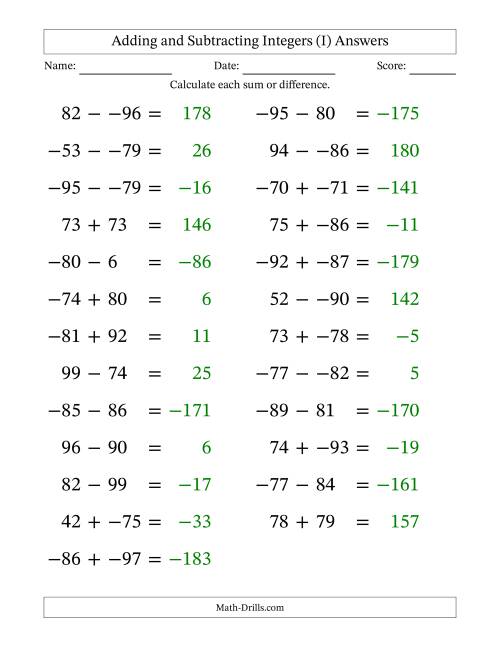 The Adding and Subtracting Mixed Integers from -99 to 99 (25 Questions; Large Print; No Parentheses) (I) Math Worksheet Page 2
