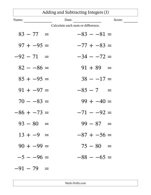 The Adding and Subtracting Mixed Integers from -99 to 99 (25 Questions; Large Print; No Parentheses) (J) Math Worksheet