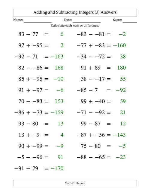 The Adding and Subtracting Mixed Integers from -99 to 99 (25 Questions; Large Print; No Parentheses) (J) Math Worksheet Page 2