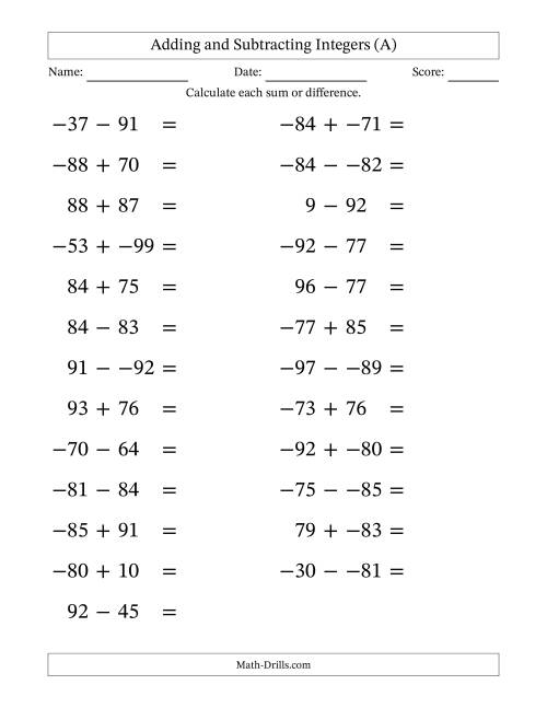 The Adding and Subtracting Mixed Integers from -99 to 99 (25 Questions; Large Print; No Parentheses) (All) Math Worksheet