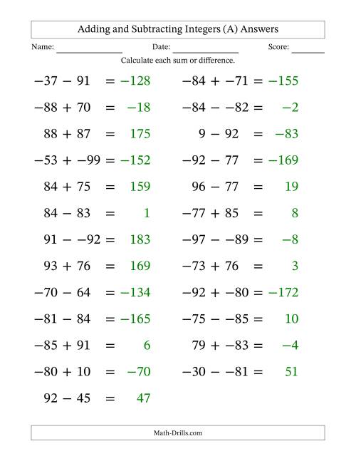 The Adding and Subtracting Mixed Integers from -99 to 99 (25 Questions; Large Print; No Parentheses) (All) Math Worksheet Page 2
